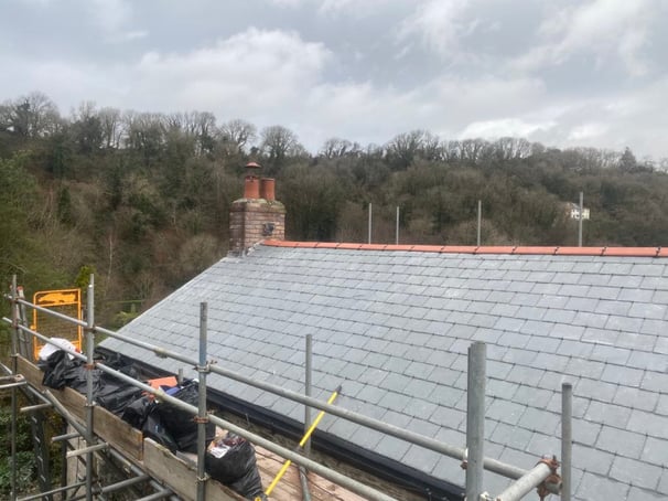 Full Re-roof using Brazilian grey-green slate, located just outside of Wadebridge, Cornwall