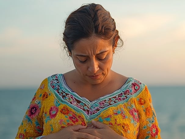 Mujer tocándose el pecho y viendo hacia el suelo con un fondo de mar 