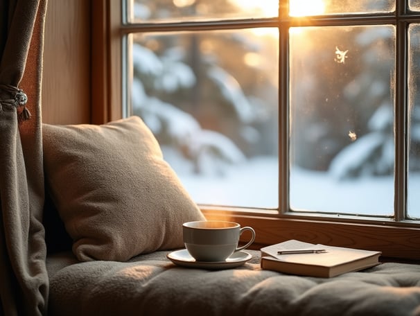 a cup of coffee and a book on a window sill