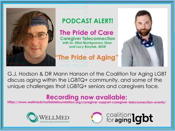 multicolor graphic with headshots of white queer adults, GJ and DR. Text: "Podcast Alert! The Pride of Care: Pride of Aging"