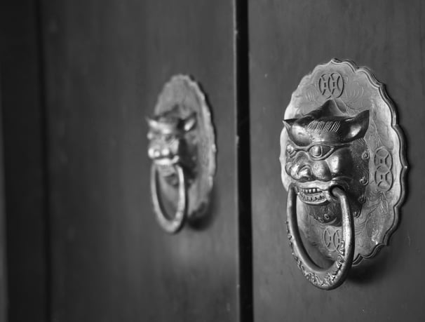 A Chinese door knocker with a lion head on it