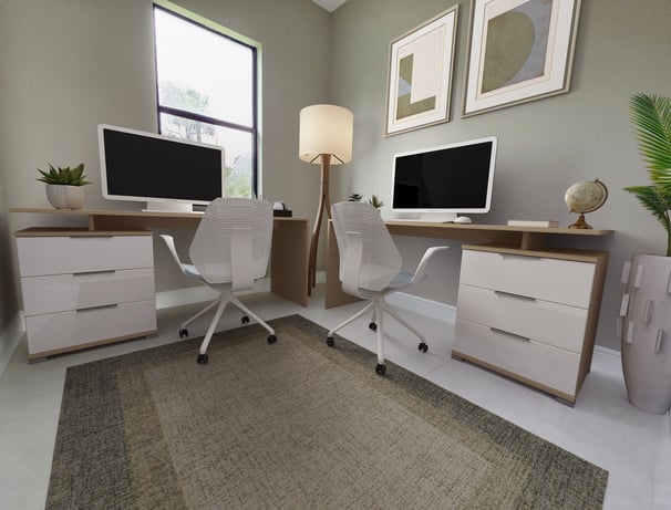 Digitally staged den as a office featuring 2 desks, 2 chairs, lamp and computers