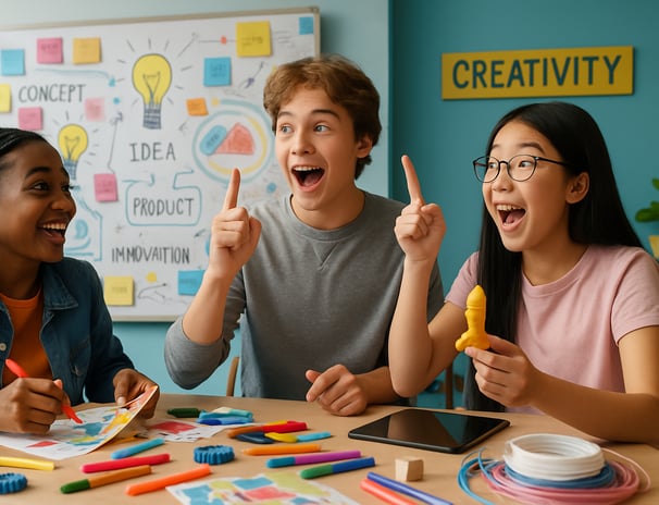 a group of young adults sitting at a table with pencils and markers