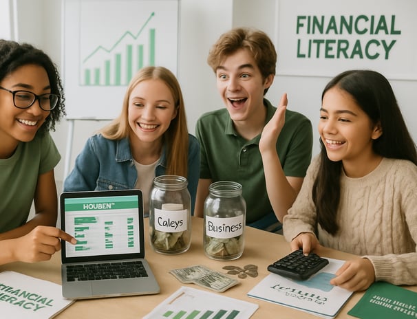a group of people sitting at a table with money