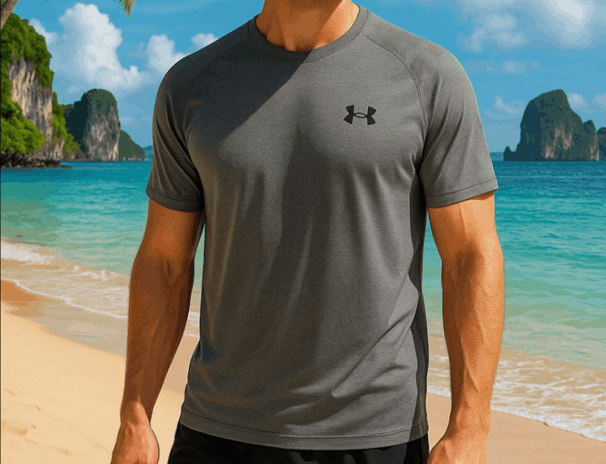 A man stands in front of the ocean wearing a grey Under Armour Mens Tech T-shirt