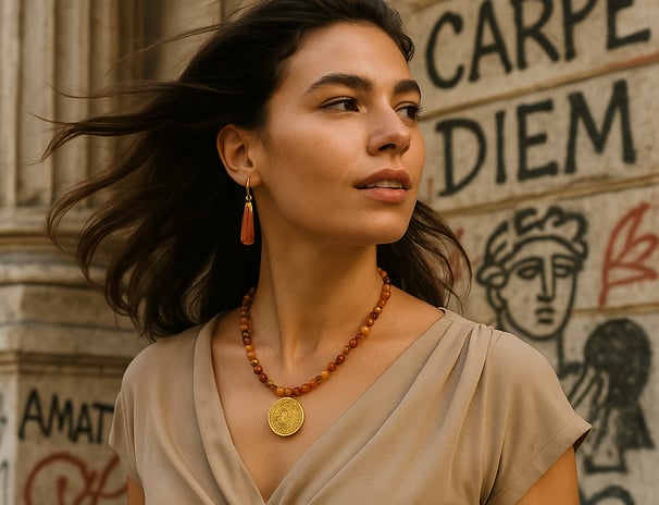 a woman in a tan top and black pants
