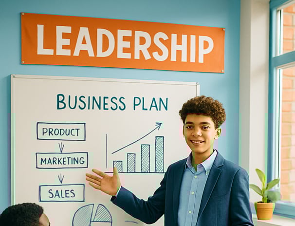 A kid in a suit and tie is standing in front of a white boarder