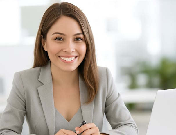 a woman in a suit and tie smiling at the camera