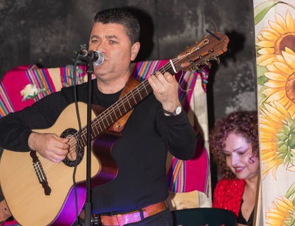 a man in a mexican costume playing guitar