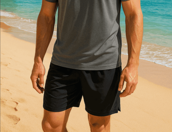 a man in a gray shirt and black Aolesy gym shorts on a beach