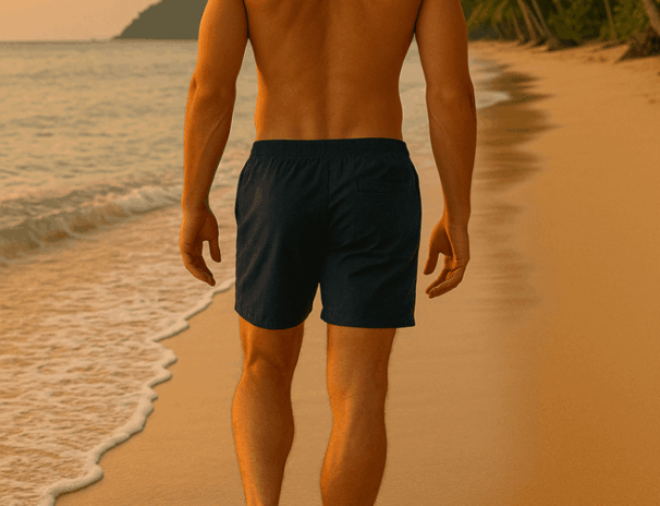 a man walking on the beach in his Aolesy gym shorts with his back to the camera
