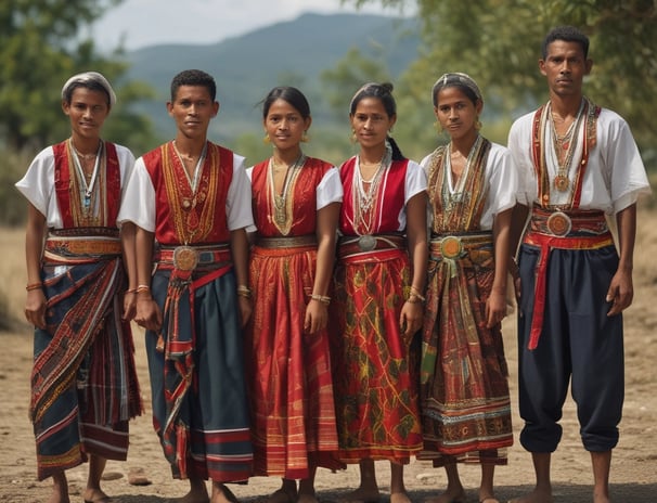 A group of people dressed in traditional attire featuring vibrant reds, blues, and patterned fabrics. One individual, likely engaged in a cultural dance or ceremony, is holding a long stick and is adorned with intricate beadwork and hair decorations. The background showcases a natural setting with foliage under a partly cloudy sky.