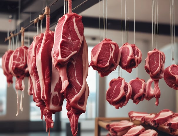 Several cuts of raw meat are hanging from hooks in a small market stall. Below the hanging meat, there are green weighing scales and a yellow bowl on a metallic counter. The stall is covered, providing shade to the items beneath. In the background, there are green coconuts stacked together.