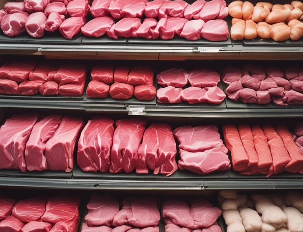 A bustling market scene featuring a meat vendor with a red and yellow sign marked 'Tuck Kee'. The vendor is behind a glass display case filled with various types of meat products, including square slices and sausages. Several people are seen shopping and engaging in transactions, with goods visibly stacked in the background.