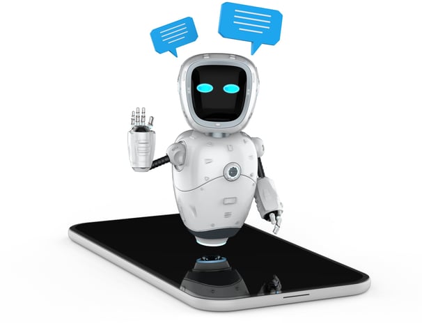 a robot with speech bubbles on a cell phone