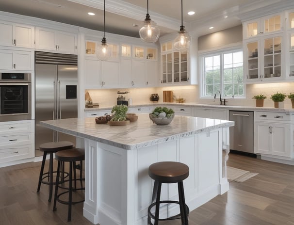 A kitchen interior featuring a modern design with a wooden countertop and a sleek sink. Wall decorations include a larger circular artwork and four smaller plates with artistic designs. An orchid plant and a decorative vase are placed near the window, adding a touch of elegance.