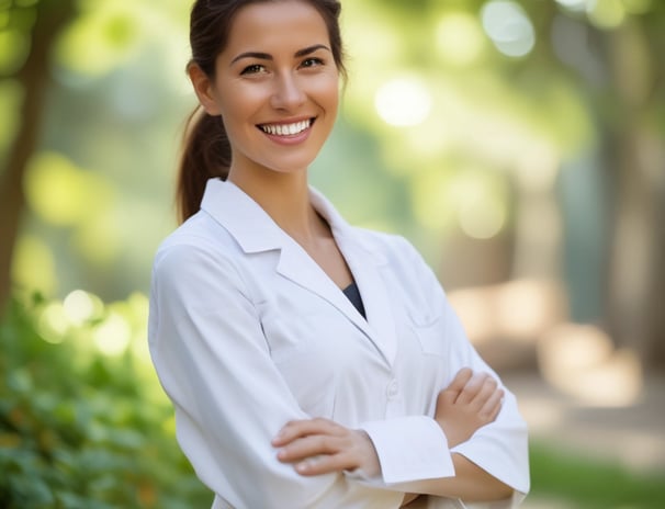 A person wearing a white lab coat and a white top stands smiling in front of a brick wall. The wall has signage partially visible, possibly related to a medical practice. The person exudes confidence and professionalism.