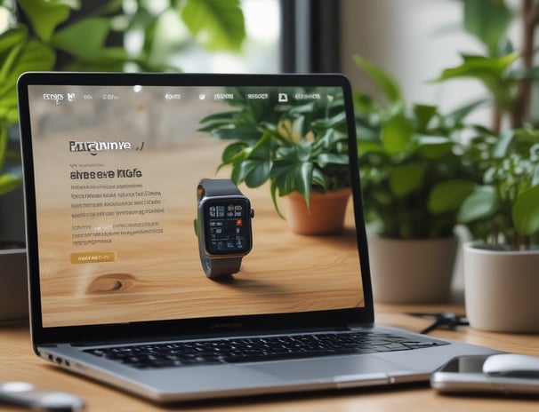 A laptop displays a web browser on theshowing a prominent green advertisement offering up to 70% off on Apple tech with a two-year warranty. The ad features images of a smartwatch and a smartphone. The surrounding environment includes a wooden table and blurred indoor plants in the background.