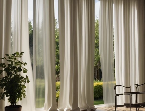 Ornate sheer curtains with intricate floral patterns hang on a window, filtering the warm sunlight. The view outside shows urban buildings under a clear blue sky and architectural elements of a balcony railing.