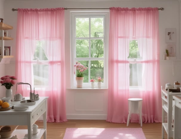 Elegant window treatments with green and gold tassels hang beside a classic, large glass window. The view outside reveals grand architectural columns and a manicured garden area, indicating a sophisticated setting.
