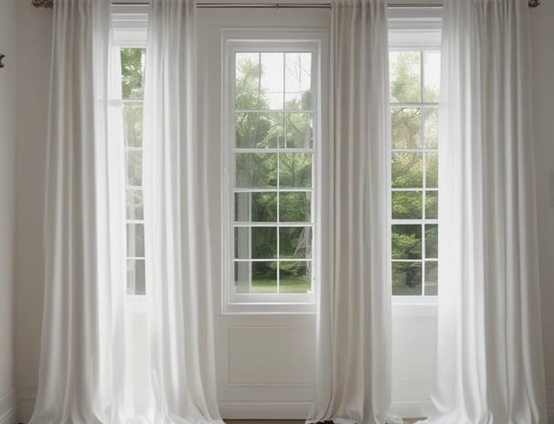 A set of light beige curtains are elegantly draped on either side of a window, allowing soft natural light to pass through. The window offers a view of a garden with green foliage visible outside. The interior features a stone wall with a dark marble texture and a speckled tile floor. Subtle decorative detailing around the window frame adds to the classic look.