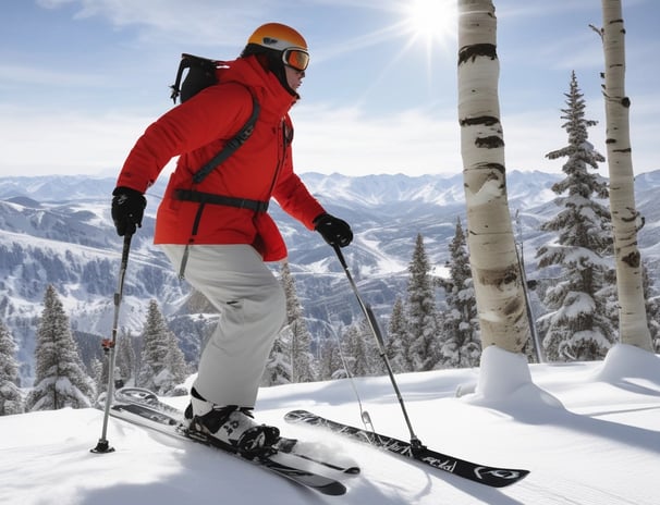 A picturesque mountain hotel with green shutters stands tall against a backdrop of a snowy, rugged mountain. The building is rustic and charming, with multiple floors and balconies. A group of people wearing winter gear sits outside on the snow, enjoying the sunny weather.