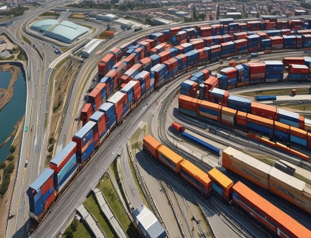 a train traveling through a city with a lot of containers