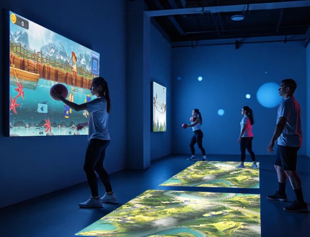 a group of people standing in front of a video game