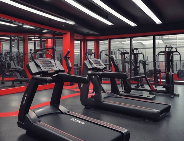 A gym setting featuring a variety of workout equipment. Resistance bands and TRX straps are hanging on the wall. Kettlebells in different colors are placed on a rack, and a box labeled 'Bulldog Gear' is situated against a gray brick wall. The floor is covered with black gym mats, and there's a wooden panel on the right side.