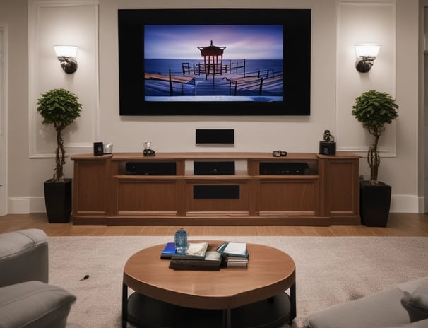 A vintage television set is placed on a paved sidewalk in an outdoor setting. The screen is off, and it shows a bulky design with dials and buttons typical of older television models. In the background, there is a tree with shadows cast on the pavement and a person walking along a street with shops.