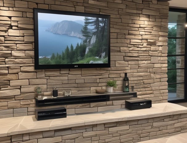 A flat-screen television is displayed in a dimly lit room, showcasing a variety of streaming service apps on its screen, such as Netflix, Prime Video, and Spotify. The TV is positioned on a black stand beside a tall floor lamp, casting a soft ambient light on the surrounding area.