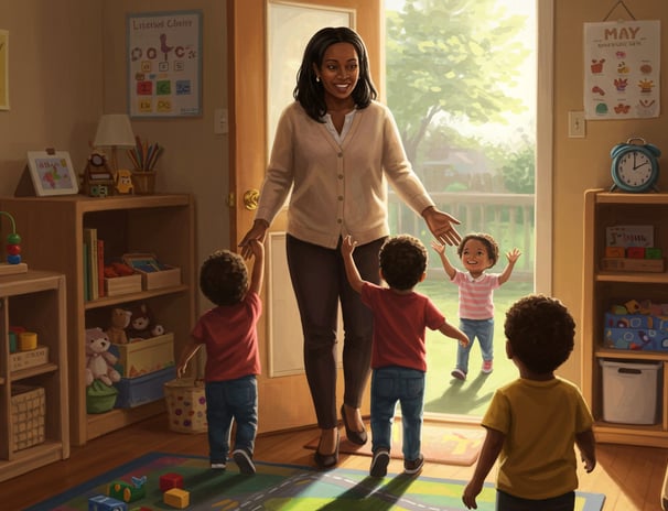A teacher welcoming infant children to her daycare