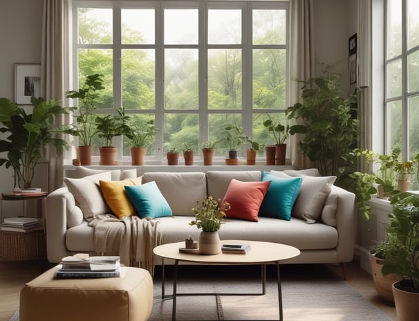 A vibrant display of various flowers and plants, including red, yellow, and green floral arrangements. Large dried plants and berries are visible in the background, creating a rustic ambiance. Glass vases and decorative gourds are arranged on a wooden table, accompanied by other garden and home accessories.