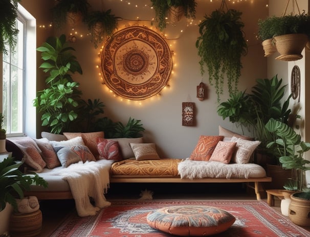 A garden scene with a rustic wooden fence adorned with potted plants. A statue of an elderly man holding a succulent is positioned near a bench surrounded by decorative objects and stones. Lush greenery and a quaint house with a tiled roof provide a serene, homey backdrop.
