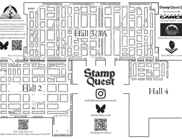 A dungeon-style map of the UKGE 2025 layout, with certain stalls marked.