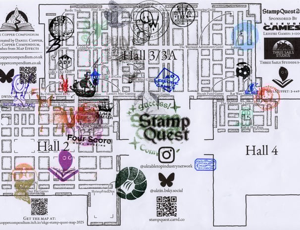 A dungeon-style map of the UKGE 2025 layout, with certain stalls marked. It is overlaid by coloured stamps.