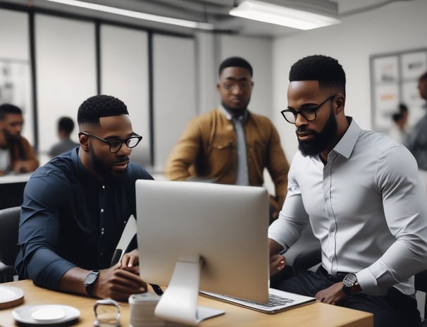 A group of people are in an office setting, engaged in discussion around a computer screen displaying design mockups. The atmosphere suggests a collaborative work environment with attention focused on the digital content.
