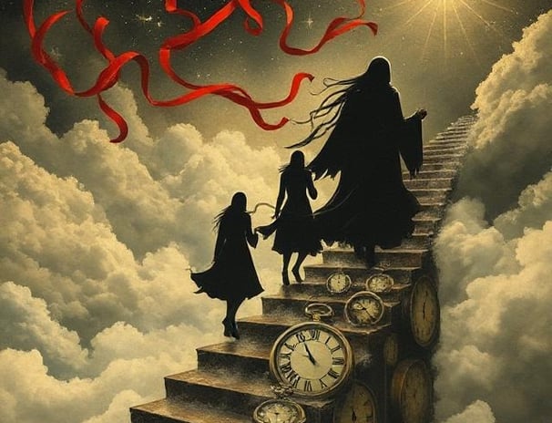 a woman walking up a flight of stairs with a clock
