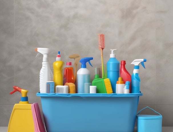 A supermarket aisle filled with various cleaning products, organized neatly on shelves. Promotional sale tags are visible on many items, indicating discounted prices. A promotional stand-up banner on the left features a smiling woman holding clean laundry, with a slogan in Hindi.