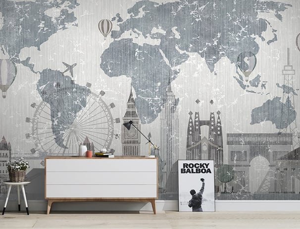 a wall mural of a map of the world