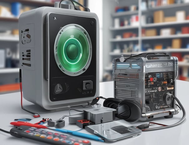 A small, cluttered workshop filled with various tools, boxes, and merchandise, including batteries, stationery, and small electronic items. A person wearing glasses and a face mask is focused on working at the station, using a tool on a small item. The walls are densely packed with shelves holding neatly arranged products.