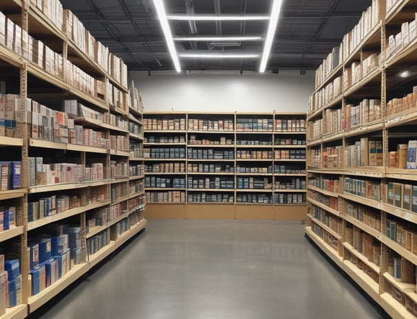 A cluttered and busy storefront filled with various mechanical and electrical items stacked chaotically. A large fan is placed in the center, surrounded by numerous wires, tools, and parts. Signs in a foreign language are displayed above and beside the shop entrance, indicating services related to repairs and machinery.
