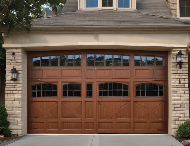 A garage door painted with horizontal rainbow stripes spans above four white double doors with glass panes. In front, there is a white folding drying rack with a few colorful clothespins clipped to it.