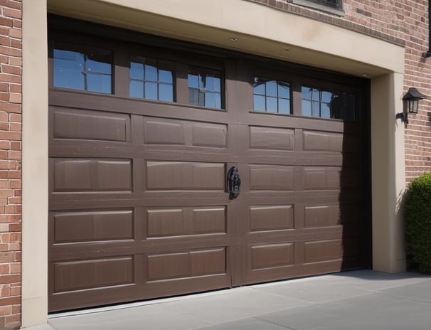 A row of four garage doors with different colors on a brick building, surrounded by a natural setting with trees in the background. The doors are red, green, brown, and wooden. The scene is serene, with a paved path in front and patches of grass.