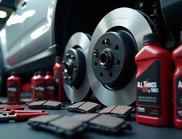 car brake rotors, pads, and brake fluid inside a professional auto repair shop for quality service
