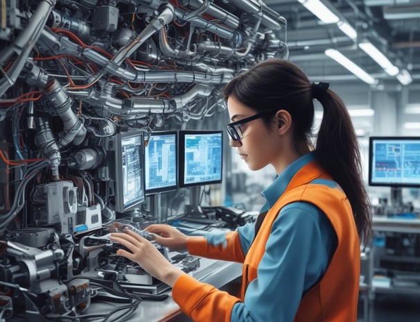 A person is interacting with a digital control panel in an industrial setting. The individual is wearing a black and yellow jacket with text on the back. The background features metal shelves and equipment, indicating a workshop or factory environment.