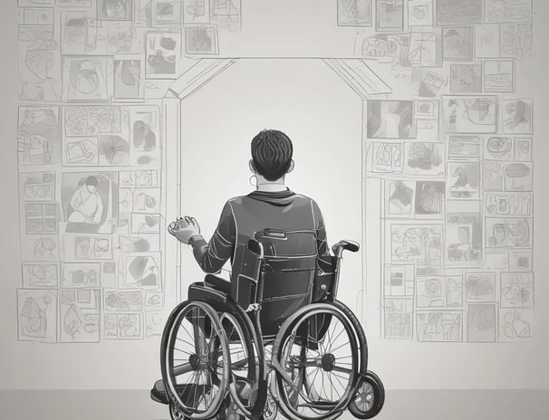 A person is seated in a wheelchair on a patio surrounded by lush green plants. The individual is smiling warmly and has their hands in a greeting or prayer gesture. The background includes architectural features and a tiled roof with trees overhead.