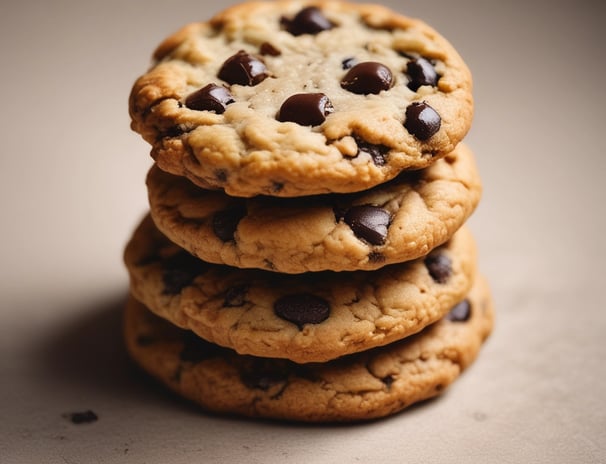 A hand is holding one of four oatmeal cookies on a white plate, with a bite taken out of it. The cookies have a rustic, homemade appearance with visible oats and a slightly chunky texture.