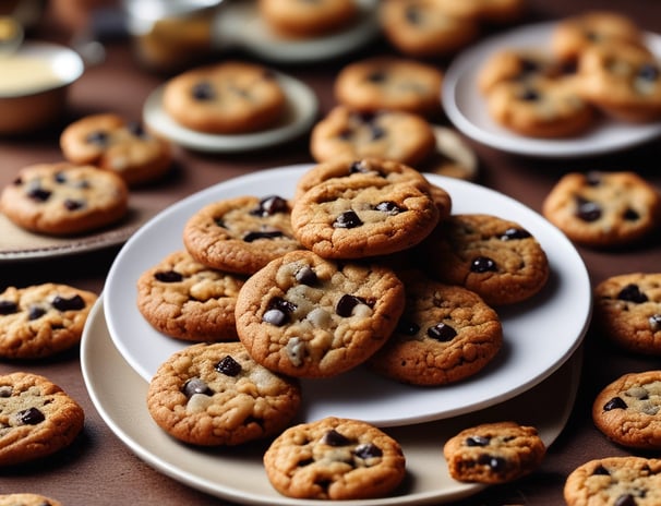 A hand with a tattoo reaches for a stack of homemade cookies on a cooling rack. The cookies are topped with white and dark chocolate chunks along with dried red fruit. A glass of milk sits in the background on a beige tablecloth, contributing to a cozy, homey atmosphere.