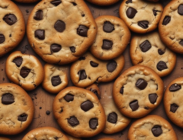 A stack of thick, homemade chocolate cookies with visible texture and embedded nuts or chocolate chips. The cookies are placed on a wooden surface next to a glass jar filled with milk.